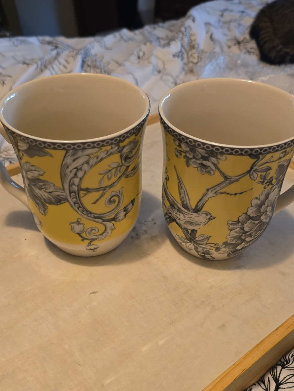 222 Fifth Yellow and Gray Floral Bird Ceramic Mugs - Set of 2